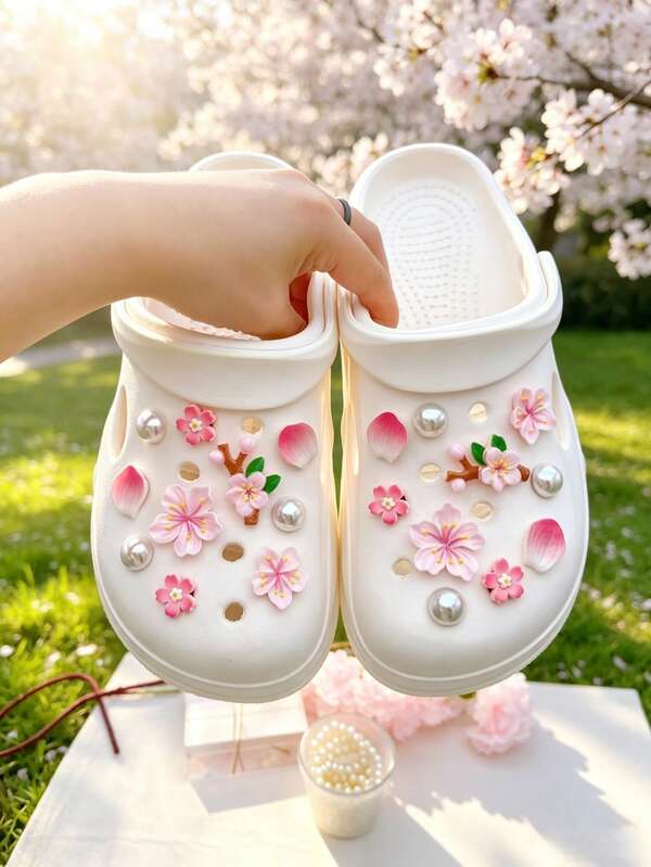 20 Stücke elegante vielseitige ABS Perlen Blumen Zweig Schuh-Dekoration, DIY abnehmbare Schuhdekorationen Zubehör geeignet für Holzklossen Damen Sandalen Hausschuhe Strandschuhe, Urlaubsgeschenk