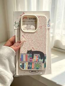 1pc Hand Drawn Sleeping Black Cat Colorful Bookshelf Pink Floral Printed Off White Leather Grain Phone Case Compatible With Apple Apple17/16/11/12/13/14/15/15Pro/15Plus/15ProMax/7Plus/8Plus/X/XsMax/Xr/11Pro/13Pro/14Pro/11ProMax/12ProMax/13ProMax/16ProMax/17Pro/17e/17ProMax&Galaxy S20FE/S21FE/S22/S22UITRA/S25/S25FE/S26/S26Uitra/A05s/A06/A07/A14/A17/A25/A26/A34/A35/A36/A53/A54/A55/A56/A57 - Multicolor - View 4