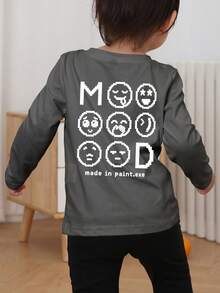 1pc Boys Vintage Pixel MOOD Computer Meme Charcoal Grey Long Sleeve T-Shirt, Retro Digital Loose Base Layer Top For Kids, Spring/Autumn - Dark Grey - View 2