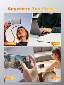EAGET Kabel jalinan pengisian cepat USB-C ke USB-C 240W, dudukan ponsel lipat terintegrasi, sudut putar 180°, bermain game tanpa halangan, kompatibel dengan ponsel, tablet, laptop, dan konsol game. - Hitam - View 9