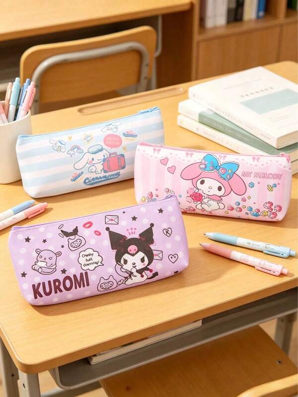 1pc Sanrio Cute Pencil Case, Printed With Kuromi, My Melody And Cinnamoroll, Large Capacity PU Leather Stationery Bag, Highly Attractive Cartoon Pencil Case, Suitable For Girls And Students, Perfect Choice For Back To School Or Birthday Gifts