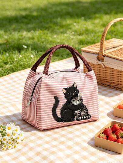 Colorful Striped Lunch Bag, Cute Hugging Cat Pattern Large Capacity Lunch Box Bag, Printed Cat Pattern, Makeup Bag, Student Insulated Lunch And Food Preservation Bag, Portable Picnic Bag, Insulated Lunch Bag, Public Lunch Bag, School Insulated Lunch Bag, Office Lunch Box, Men's Vacation Lunch Box, Women's Camping Multi-Functional Lunch Box, Mother's Day Gift, Suitable For Men And Women, Perfect For Pet Lovers, Mothers, Teachers, Friends, Bridesmaids, Students, Great For Back To School Season, Graduation Gift, Summer Essential