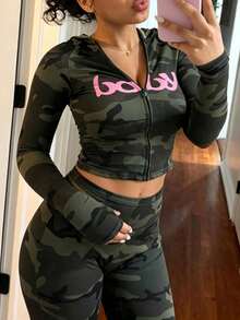 Women's Pink Leopard Print Autumn 2 Pieces Birthday Outfit, Cropped Long Sleeve Top With Flare Pants - Green - View 3