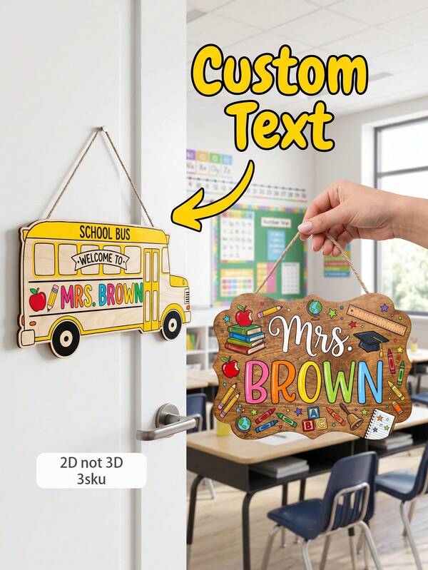 1pc Personalized School Bus And Wavy Natural Wood Door Hanger, Custom Teacher Name Classroom Welcome Sign, Back To School Teacher Appreciation Gift For School Wall Decor