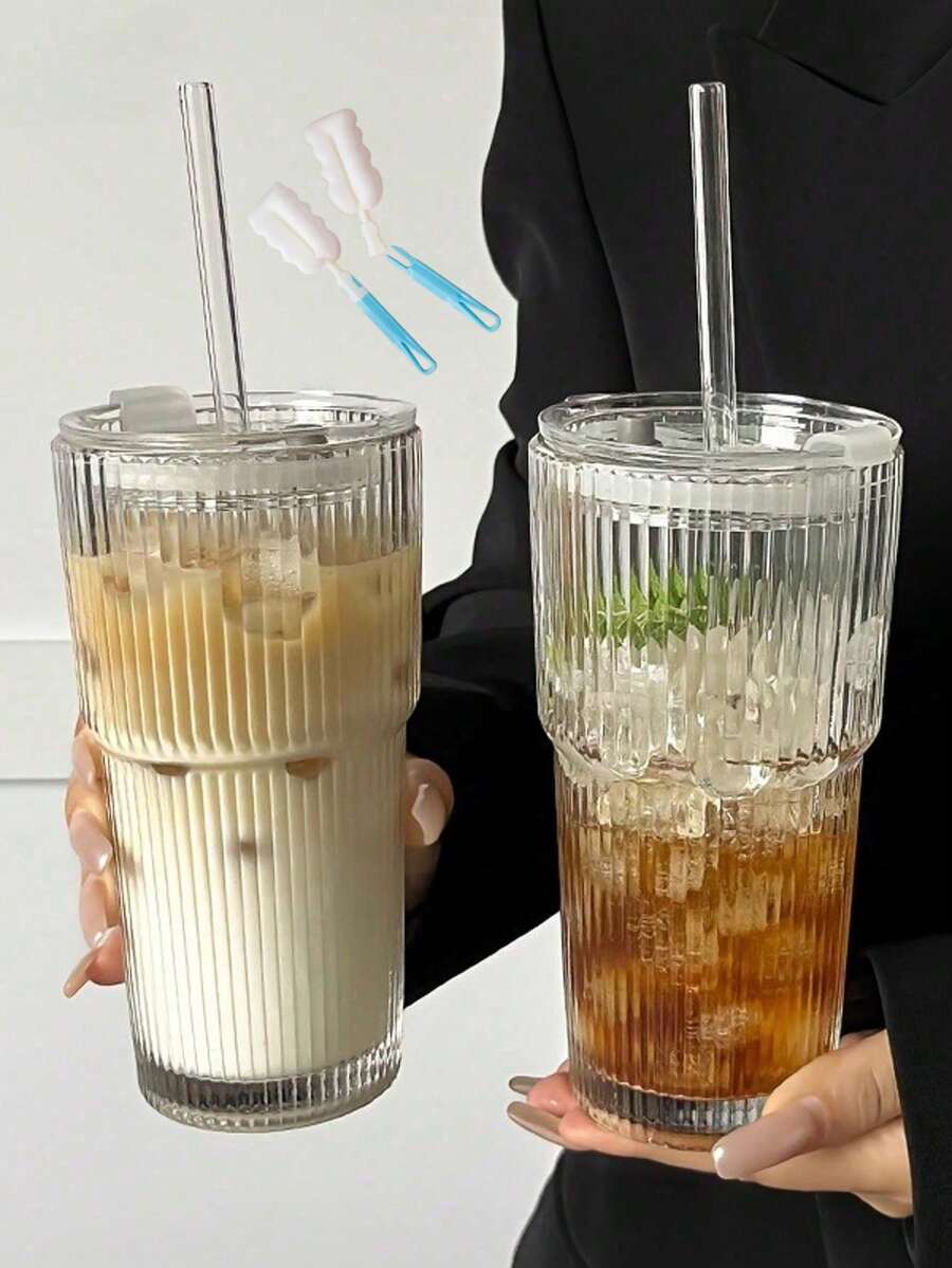 1件透明玻璃杯，附條紋圖案杯蓋與吸管，便攜極簡設計，適用於水、茶或咖啡，內蓋設計，圓身，容量350/600ml，另有附吸管與杯刷款，開學季、萬聖節、聖誕節適用