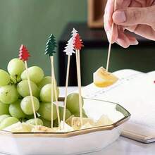 60pcs Christmas Tree Cocktail Picks, Multifunctional Bamboo Toothpicks With Leaf Design, Appetizer Picks, Food Skewers, Fruit Picks, Thanksgiving, Halloween, Easter And Party Decorations - Multicolor - View 6