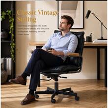 Home Office Desk Chair, Ergonomic Leather Computer Chair With Wheels And Oak Armrests, Height-Adjustable Swivel Executive Chair WL - 黑色 + 真皮 - 查看 4