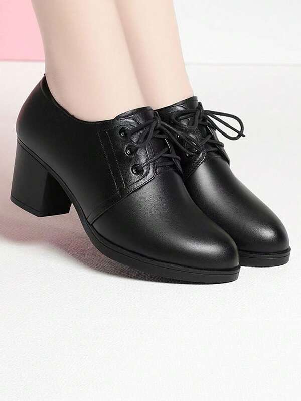 Zapatos de mujer de estilo británico con tacón medio y cordones, de cuero PU, antideslizantes y resistentes al desgaste, para uso diario, oficina, formal y desplazamientos