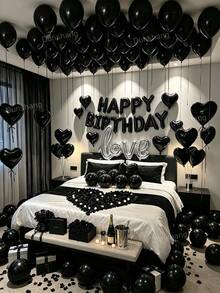18/526/544件黑色生日氣球套裝 - 500件黑色人造花瓣 + 16英吋生日快樂橫幅氣球 + 心形鋁箔氣球 + 乳膠氣球，完美適用於生日派對、週年紀念裝飾、家居裝飾、男女生日派對裝飾 - 黑色 - 查看 5