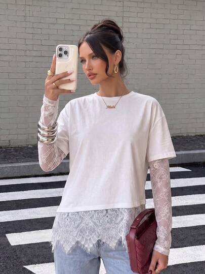 Casual Fashion Round Neck Lace Patchwork Asymmetric Hem Women's T-Shirt Top, New Autumn/Winter Versatile Daily Wear