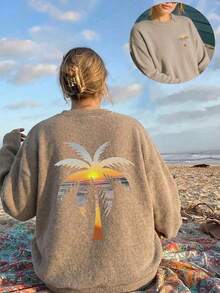 Plus Size Women's Autumn Daily Vacation Style Tropical Sunset Palm Tree Print Round Neck Long Sleeve Casual Knit-Like Top - Earth Gray - View 1