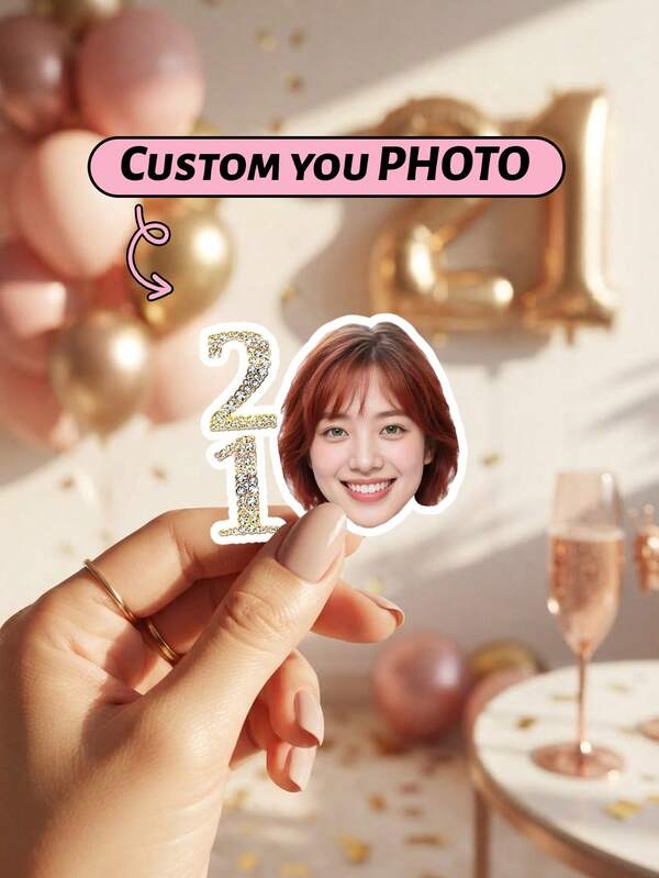 12/24/48pc Custom Face Gold Glitter 21 Number Birthday Sticker, Personalized Women Portrait Party Supplies, 21st Twenty One Milestone Party Cupcake Tumbler Gift Bag Decor For Her,Ladies Surprise Birthday Party Favor,Family Keepsake,Personalized Gifts