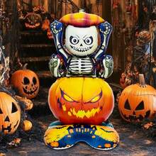 1pc Large Base Halloween Skeleton Pumpkin Balloon, Standing Skeleton Pumpkin Balloon, Suitable For Halloween Decoration, Birthday, Trick Or Treat, Horror Theme Atmosphere Decor, Room Decoration, Skeleton Outdoor Decor - Multicolor - View 6