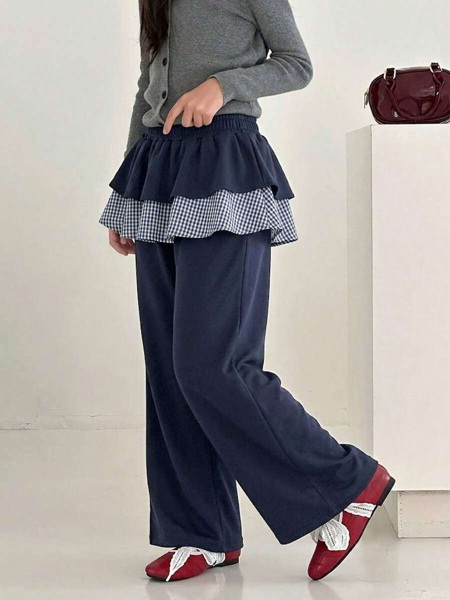 1pc Tween Girl Korean Style Plaid 2 In 1 Skorts, Sweet Draping Casual Wide Leg Long Pants - Blue - View 1