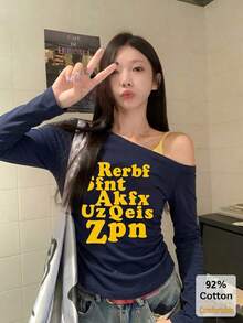 2026 New Letter Print Asymmetric Shoulder Design Women's Short Sleeve T-Shirt, Slim Fit Draped Style, Versatile Autumn Casual Top - Navy - View 2