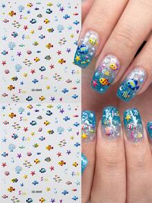 2Pcs 5D Aquarium Ocean Fish Nail Stickers, Colorful Tropical Fish Starfish Coral Bubble Underwater Sea Self-Adhesive Nail Decals, Kawaii Manicure Decoration For Summer Beach Salon Nail Art - Multicolor - View 10