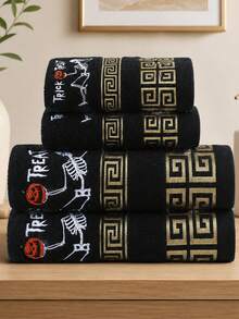 2pcs/1pc Luxury Geometric Skull Embroidered Towel Set, Ultra Soft Quick Dry, Halloween Themed Bathroom Decor, Perfect Gift For Your Partner - Black - View 2