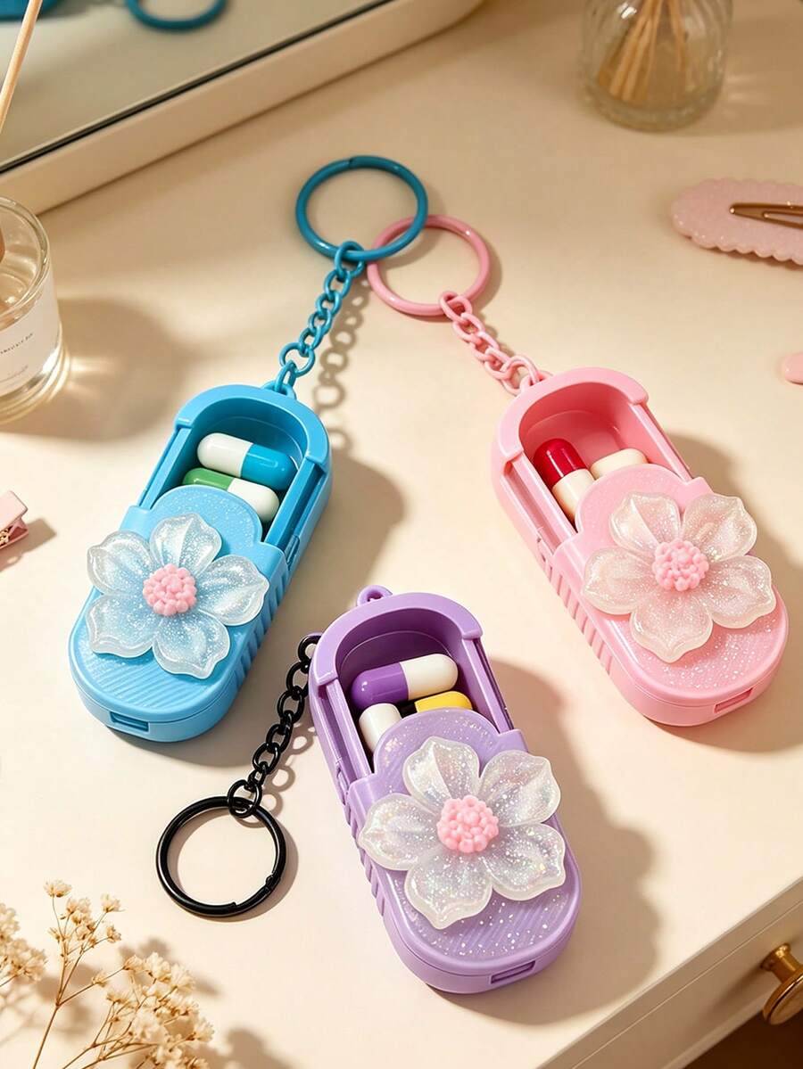 Portable Mini Pill Box With Fluorescent Flower Design, Portable Pill Box With Keychain, Office Worker Pill & Vitamin Storage Box, Handmade Mini Pill Box, Travel Medicine Storage Box, Daily Vitamin Pill Box, Pocket Pill Box, Compact Pill Box, Daily Pill Storage Container, Waterproof Pill Box, Daily Medication Organizer, Keychain, Home Essential, Travel Essential - Multicolor - View 1