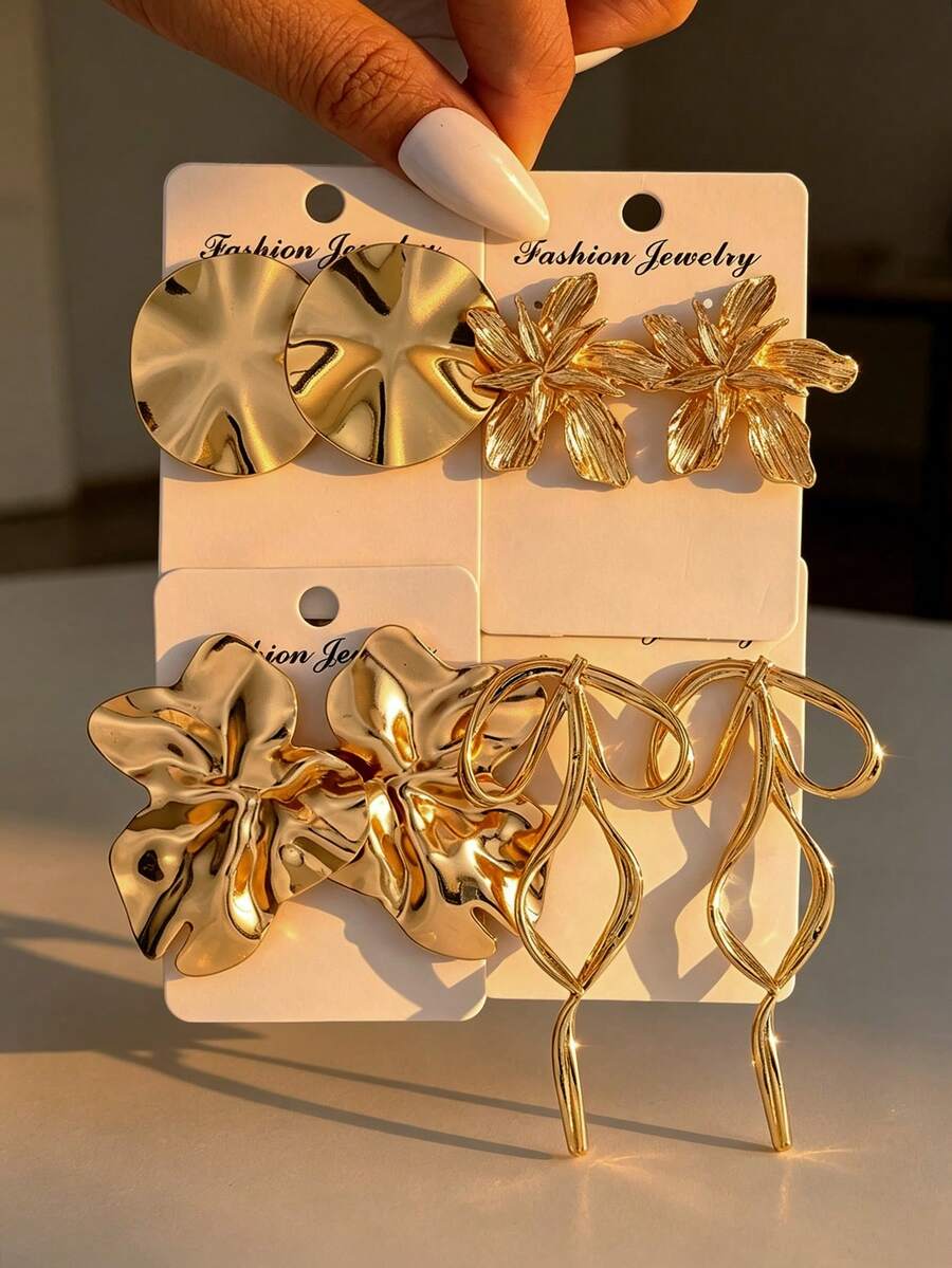 8pcs Anting Tusuk Tebal Lebar Berlebihan Desain Vintage Minimalis Elegan Indah Pita Geometris Tekstur Asimetris Bunga Bulat Gaya Logam Set Multi-Piece Hadiah Liburan Pesta Kencan Pakaian Sehari-hari untuk Perjalanan Harian - Yellow Gold - View 1
