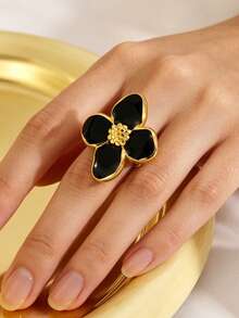 1 buah Cincin Tunggal Wanita Elegan Bergaya Stainless Steel dengan Motif Daun Semanggi, Cocok untuk Kencan/Liburan - Yellow Gold - View 6