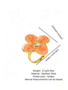 1 buah Cincin Tunggal Wanita Elegan Bergaya Stainless Steel dengan Motif Daun Semanggi, Cocok untuk Kencan/Liburan - Yellow Gold - View 15