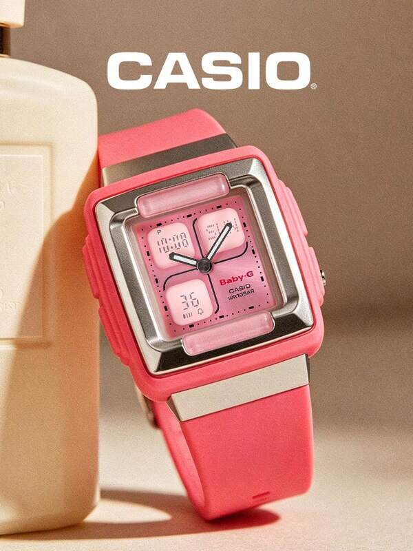 Đồng hồ nữ thể thao CASIO Baby-G BG-81-4E1DR màu hồng, nhựa, mặt vuông, hiển thị kép kim và số, chống sốc, chống nước 100M
