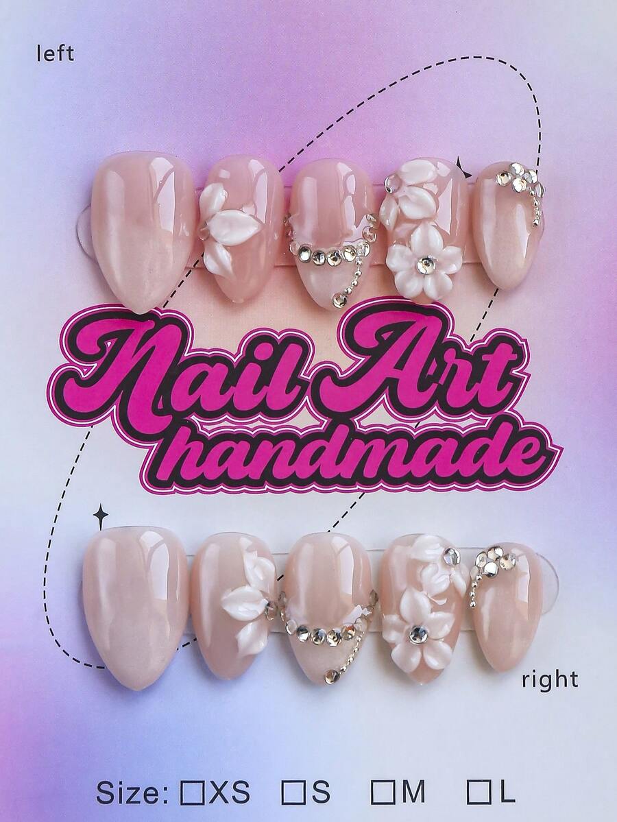 10pcs Handmade Short Almond Shape Y2K Style Nail Stickers, Nude Color, 3D White Flower, Shiny Rhinestone Chain Decor, Suitable For Women, Party, Prom, Daily Wear, Includes Tool Set - Nude - View 1