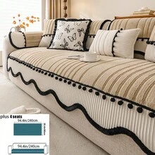 ALPLUME 1pc Asymmetrical Wavy Edge Pom Pom Design Sofa Cover, Soft And Comfortable Fabric, All-Season Universal Sofa Pad, Non-Slip, Wear-Resistant, Pet-Friendly, Short Plush, European Luxury Style, High-End, Timeless, Suitable For Living Room, Bedroom, Office And Other Occasions, Providing Warmth And Comfort For Home Decor - Khaki - View 14