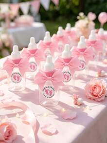 12/6/1 Set - 3.5 Inch Mini Pink Cute Bow Baby Bottle Style Plastic Box, Suitable For Baby Shower Party Decoration, With Pink Footprint Thank You Sticker And Pink Bow Plastic Bottle Style Storage Box Gift Box, Baby Shower Gift, Suitable For Baby Boy And Girl Baby Shower Party Centerpiece Decoration, Gender Reveal Party Tabletop Decoration Small Gift, Return Gift For Guests (Pink) - Pink - View 2