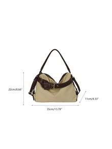 Vintage Contrast Color Belt Buckle Shoulder Crossbody Bag, Large Capacity Canvas & Leather Patchwork Tote Bag, Fashionable Versatile Commuter Handbag For Women - A - View 11