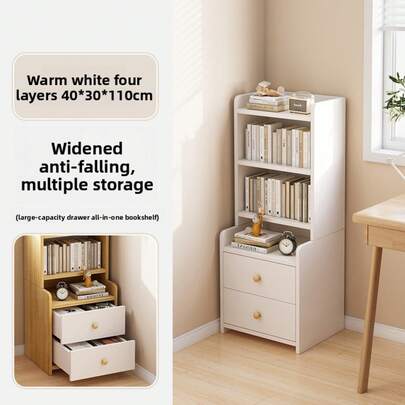 1 Piece 4 Tier All In One Wooden Bookshelf Rustic Oak Grain Narrow Book Storage Cabinet With 2 Drawers Widened Anti-Fall Guardrail Large Capacity Space Saving Display Rack For Bedroom Study Small Apartment Home Decor