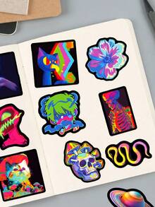 50Pcs Rainbow Neon Stickers, Surreal Weird Hypnotic Aesthetic Decals, Black Border Cat Skull Vinyl Decals Fit Vision Board, Journal Laptop Tablet - Multicolor - View 3