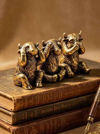 Vintage Distressed Brass Three-No-See-Hear-Speak Wisdom Bull Desktop Ornament, Antique Metal Mini Tea Pet Sculpture, Office Desk Decor, Home Study Coffee Shop Counter Decoration, Creative Gift, Collectible Copper Craft