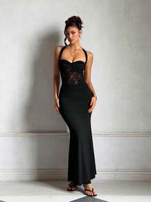 Women's Summer Black Halter Neck Backless Lace Party Dress, Elegant Dress For Gatherings And Dates - Black - View 2