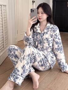 Pure Slumber 2pcs Women's Flannel Fluffy Pajama Set, Button Front Floral Pattern Thermal Lining Top & Pants, Romantic & Comfortable Loungewear For Autumn/Winter, Fall Clothes, Cozy - Sky Blue - View 3