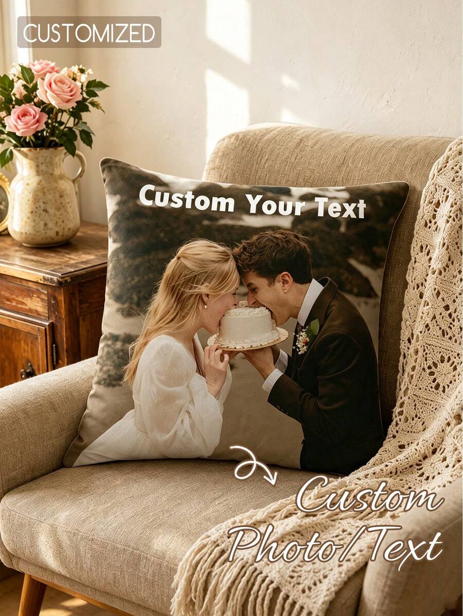 Custom Photo & Text Throw Pillow Personalized Picture Cushion Cover Custom Image Text Printed Pillowcase Wedding Couple Memory Decorative Pillow Home Sofa Bedroom Anniversary Gift, Pet Portrait - Multicolor - View 1