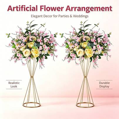 2pcs Luxury Gold Hollow Iron Art Tall Flower Stand, Wedding Table Centerpiece Floral Arrangement Holder, Hotel Banquet Party Floor Standing Flower Decoration Soft Furnishing Ornament