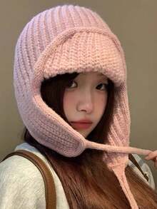1pc Japanese Style Cute Pink Knitted Earflap Hat For Women, Face-Slimming Warm Winter Earflap Hat - Multicolor - View 5