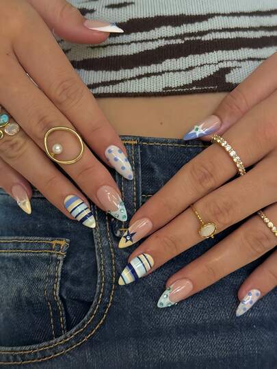 24-Piece Set Of Sea Salt-Inspired Blue And Yellow Striped Star-Patterned Acrylic Push-On Nails With Rhinestones-Exquisite Style For Teen Girls, Students, Daily Commutes, Beach Vacations, And Trips With Best Friends-Photogenic Nail Art