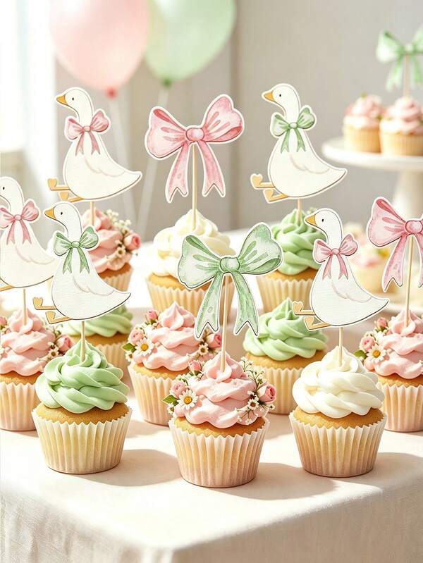 Watercolor Silly Goose Bow Cupcake Toppers Birthday Party Decor Silly Goose Babyshower Decorations For Cupcakes, Treat Trays And Dessert Tables