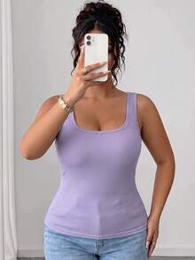 1pc Women's Plus Size Round Neck Tank Top, Built-In Bra, Soft And Comfortable Sleeveless Top, Suitable For Daily And Casual Wear - Mauve Purple - View 4