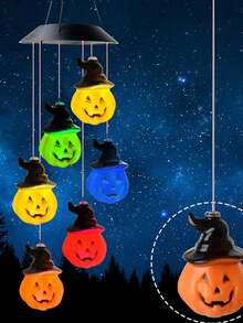 1 Stück 6LED schwarze Kürbis Solarbetriebene Windspiel Licht, geeignet für Halloween Feiertagsbeleuchtung, anwendbar für Fensterbank, Dachvorsprung, Balkon, Outdoor gruselige Dekoration [Solarbetrieben] - Windspiel-Lichterkette - Übersicht 7