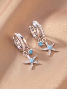 1 Pair Fresh Blue Turquoise Full Rhinestone Starfish Double Pendant Thin Hoop Earrings Suitable For Women Beach Vacation Wear - Starfish - View 8