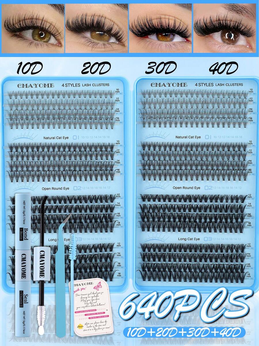 640/544/200 Clusters D Curl Individual Eyelashes High Capacity Fake Lashes Extensions Kit, Natural Thick Segmented Lash With Bond And Seal,Tweezers,Brush, Long Lasting Wispy False Lash Book Beginner Friendly, For Daily And Quick Makeup, Easy To Use - Baby Blue - View 1