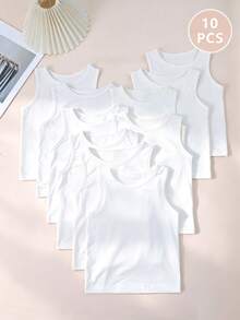 10 piezas Camiseta sin mangas de unicolor para niña joven, unicolor, estilo versátil y sencillo adecuado para primavera y verano - Blanco - Ver 3