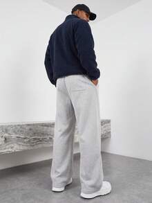 Men's Straight Leg Casual Pants, Drawstring Elastic Waist Solid Color Loose Sweatpants With Pockets, Long Pants - Light Grey - View 2