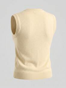 Women's V-Neck Knitted Vest, Sleeveless Ribbed Hem Soft Fabric Autumn Casual Loose Basic Sweater Vest Top - Beige - View 5