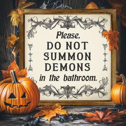 1pc Rustic Gothic Wooden Frame Sign - "Do Not Summon Demons In The Bathroom" - 8x8 Inch Halloween & Horror Decor, Barn Wood Finish, Bathroom Humorous Wall Art, Durable And Fade-Resistant