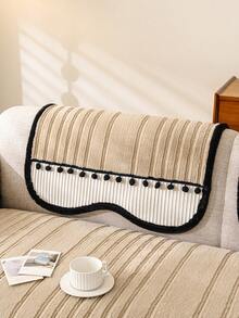 ALPLUME 1pc Asymmetrical Wavy Edge Pom Pom Design Sofa Cover, Soft And Comfortable Fabric, All-Season Universal Sofa Pad, Non-Slip, Wear-Resistant, Pet-Friendly, Short Plush, European Luxury Style, High-End, Timeless, Suitable For Living Room, Bedroom, Office And Other Occasions, Providing Warmth And Comfort For Home Decor - Khaki - View 9