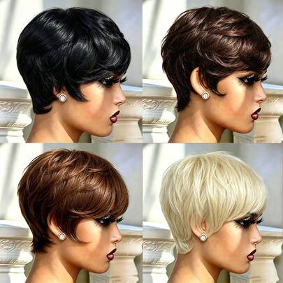 Wig Rambut Manusia Asli Brasil Elegan untuk Wanita, Wig Potongan Pixie Pendek, Rambut Manusia 1B, 2#, 4#, 613, Warna Pirang, Rambut Lurus Berlapis, Buatan Mesin, Tanpa Lem, Tanpa Renda, untuk Pesta Sehari-hari, Wig Gaya Korea, K-Pop, Cosplay, Pernikahan, Festival, Wig untuk Ibu, Rambut Manusia Asli